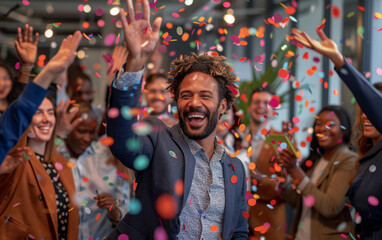 A group of office employees celebrate with confetti, laughter, and raised hands