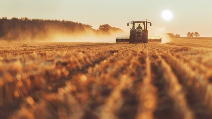 Fototapeta premium Male farmer plowing field at sunrise in a tractor, concept of agriculture, farming, rural landscape