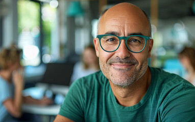 Obraz premium A man with glasses and a green t-shirt smiles cheerfully at the camera. He is indoors, likely in an office setting, with other people blurred in the background