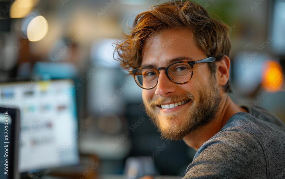 Poster a man with glasses and a beard smiles while working on a computer in an office
