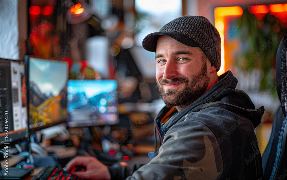Poster a man wearing a beanie smiles at the camera while sitting at his desk and working on his computer. t