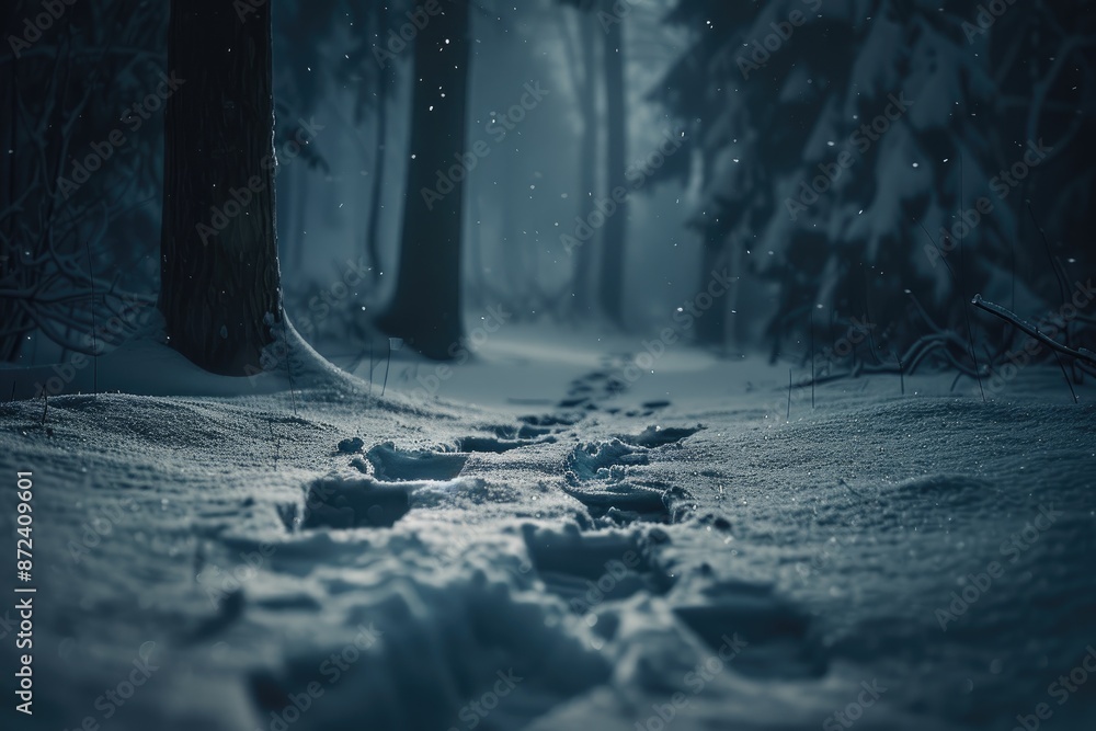 Aufkleber a snowy forest path with a tree in the background. the image has a moody and serene atmosphere
