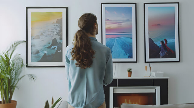 Young Couple Hanging Paintings On Wall Above Fireplace At Home, Back View Isolated On White Background, Png