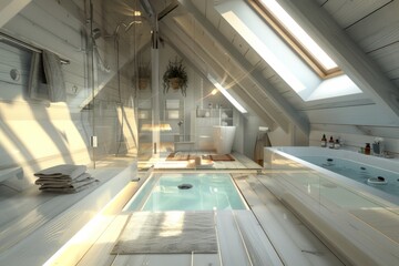 a modern attic bathroom with a beautiful swimming pool