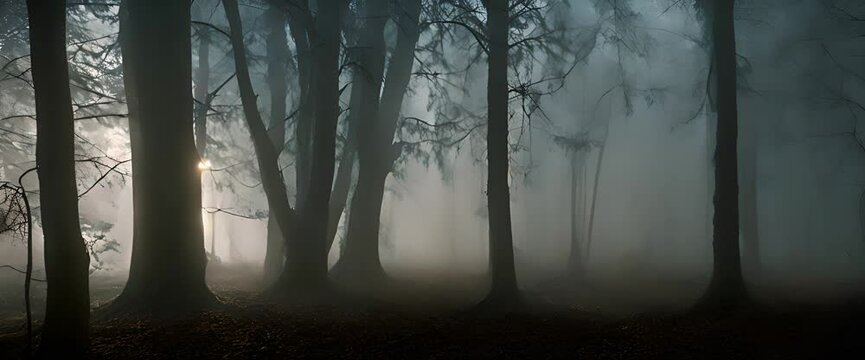 Scary dark forest at night foggy with heavy rain