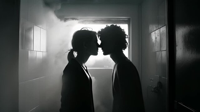 Two silhouettes embrace in the reflection of a fogged bathroom mirror. Black and white art