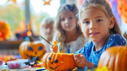 Fototapeta premium Caucasian girl carving pumpkin at a Halloween party. Concept of holiday celebration, traditional festivities, children crafting. Copy space