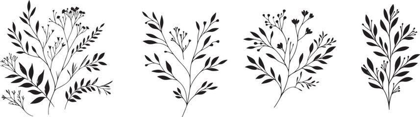 Set Floral branch and minimalist leaves for logo or tattoo. Hand drawn line wedding
