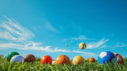 Various sports balls on green grass under blue sky. Concept of outdoor sports, team games, sports equipment. Copy space