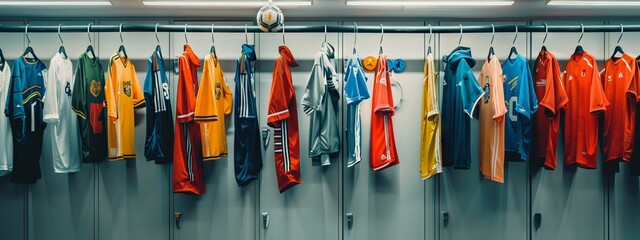 Variety of colorful soccer jerseys hanging in a team locker room. Concept of sportswear, teamwork, football gear, t- shirt