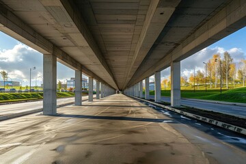 A long, empty road with a bridge in the middle. The sky is cloudy and the sun is shining through the clouds