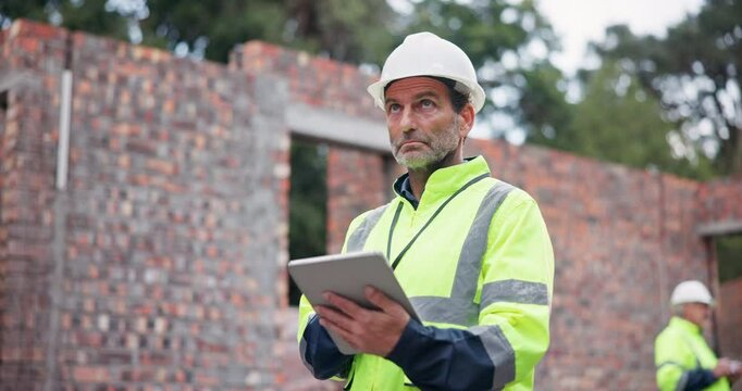 Architecture, mature man and tablet for inspection, quality control and maintenance. Building site, male architect and digital for record info, project management and typing report in construction