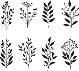 Set Floral branch and minimalist leaves for logo or tattoo. Hand drawn line wedding