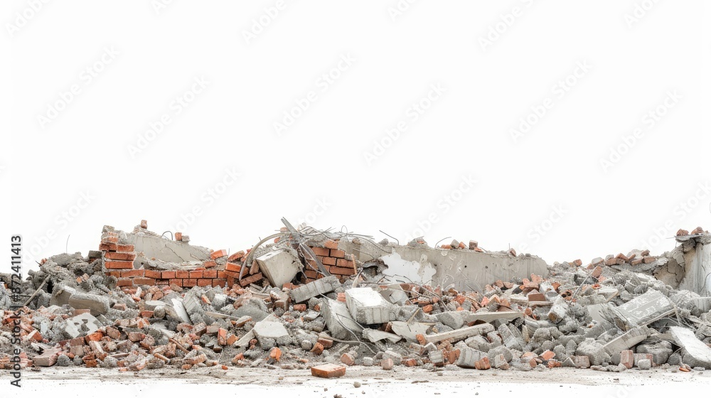 Poster a pile of rubble with a white background. the rubble is made up of bricks and concrete. the scene is
