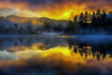 Fototapeta premium Serene lake at sunrise with misty reflections of trees and vibrant sky colors.