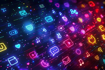Colorful neon icons glowing on black, representing various online apps and social media tools