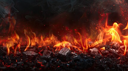 A black and red background with a fire in the foreground. The fire is surrounded by rocks and the background is filled with smoke