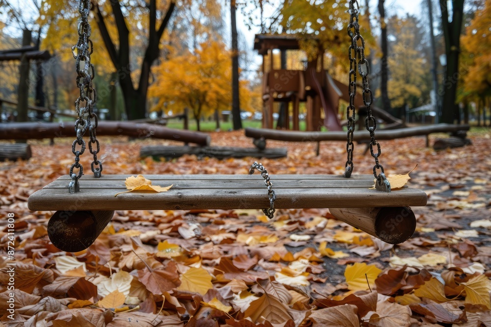 Poster a swing is suspended from a chain in a park with leaves on the ground. the swing is empty and the le