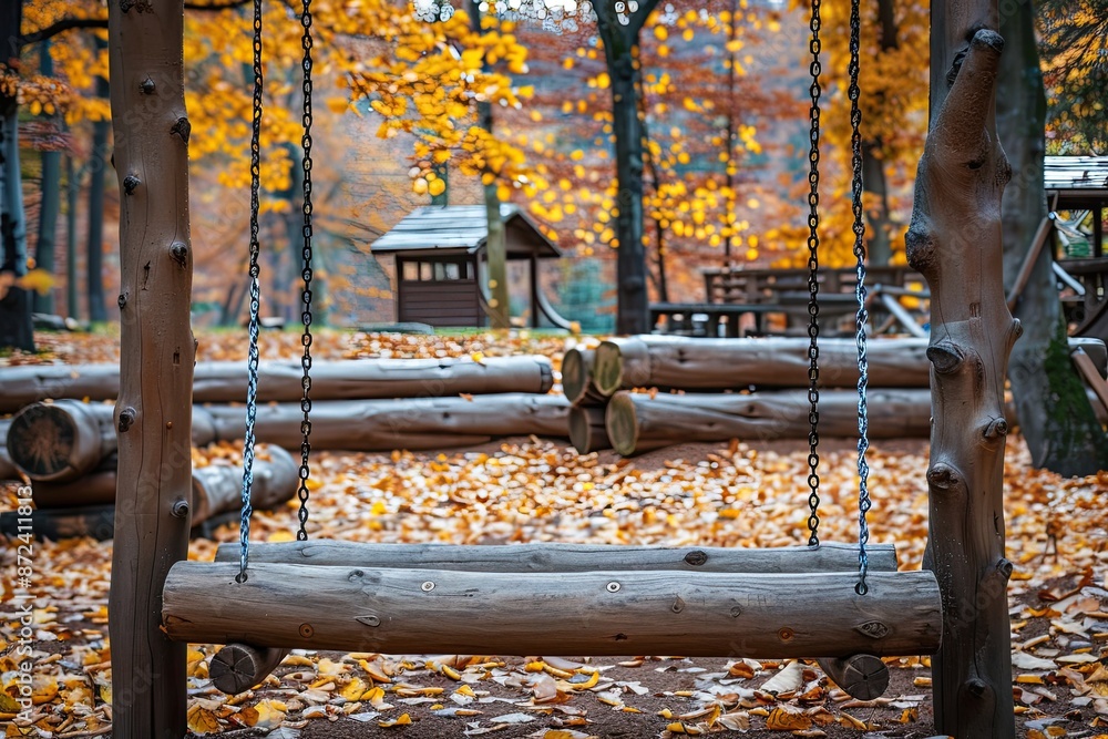 Poster a wooden swing set with chains and a bench in the background. the scene is set in a park with a lot 