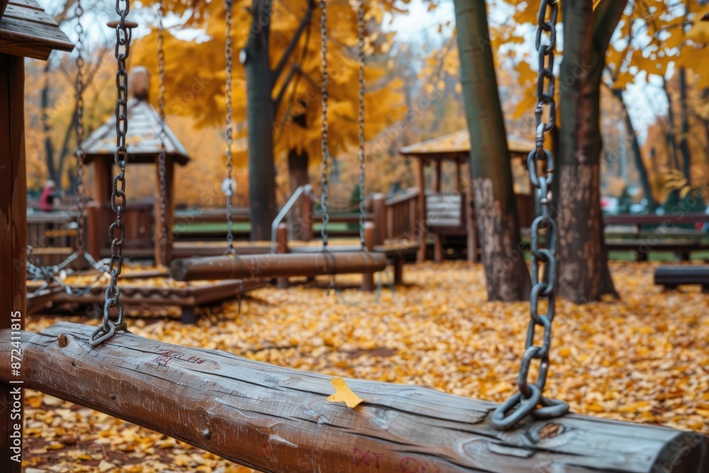 Poster a wooden swing is suspended from a chain in a park. the park is filled with trees and playground equ