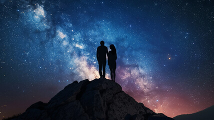 Obraz premium 星空を見つめるカップルと天の川