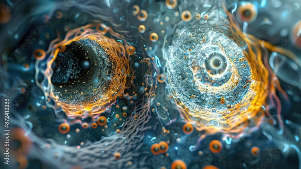 Poster the image is a colorful and abstract representation of two bubbles, one of which is orange and the o
