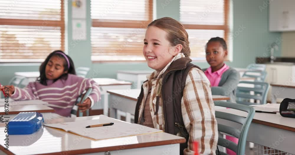 Poster student, question and excited in classroom with answer, education and learning for engaging lesson. 