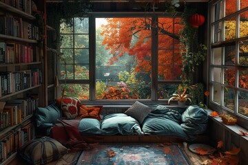 Obraz premium Cozy room with autumn interior, orange and yellow colors, autumn atmosphere, large window. Generative AI