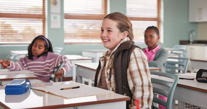 Student, question and excited in classroom with answer, education and learning for engaging lesson. Help, raising hand and teacher for knowledge and discussion, girl person and quiz for mathematics - Powered by Adobe