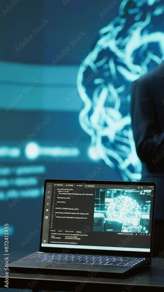 Poster vertical video focus on laptop in workspace used by ai researchers working with artificial intellige