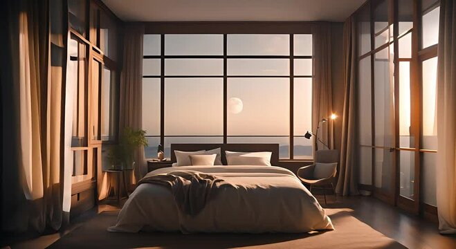 A bedroom with a bed and a window. The window is open and the moon is shining through it