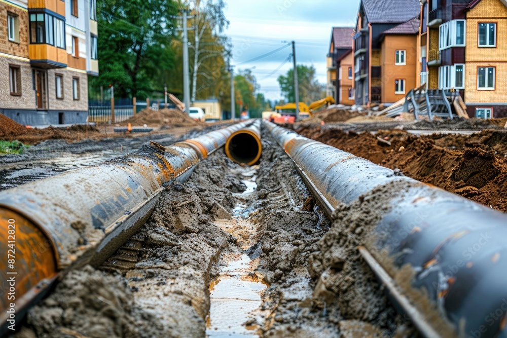 Poster a street with a pipe running through it and a construction site in the background. scene is somewhat
