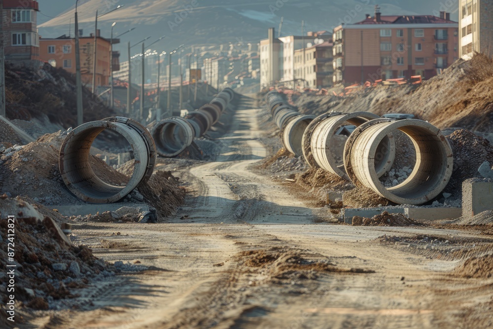 Poster a road with a lot of construction going on. the road is empty and there are a lot of large pipes on 
