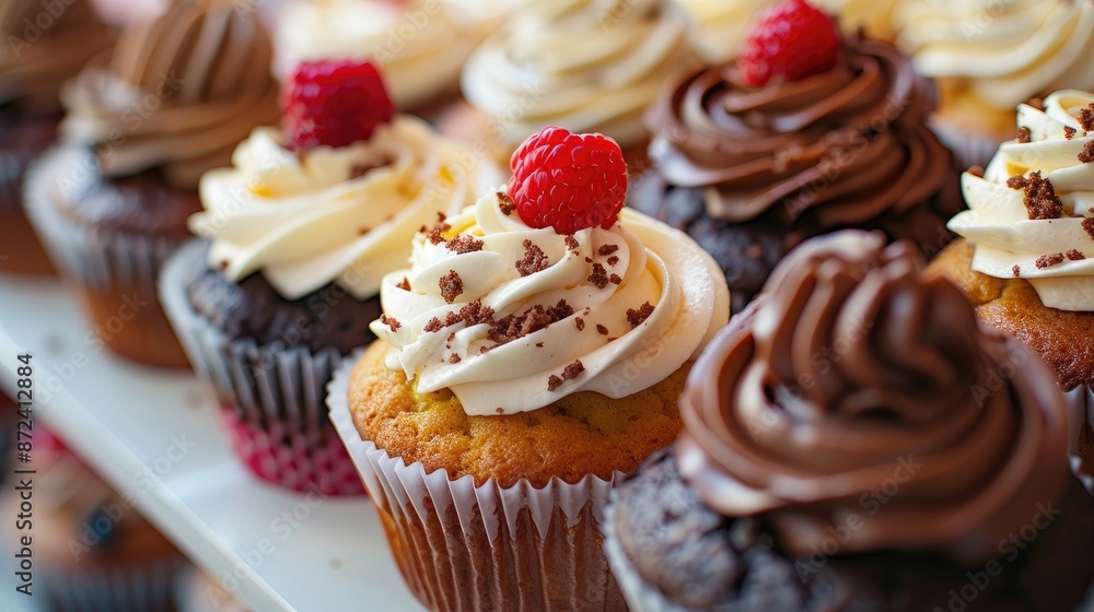 Poster a row of cupcakes with different frostings and toppings, including chocolate and raspberry. the cupc