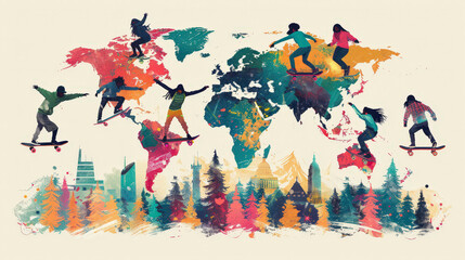 A colorful illustration featuring people skateboarding over a world map with various global landmarks in the background, symbolizing adventure and unity.