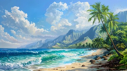 Tropical Beach with Palm Trees and Waves.