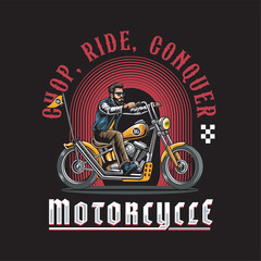 Vector Illustration of Man Riding Chopper Motorcycle with Vintage Illustration Available for Tshirt Design