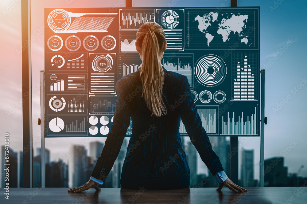 Poster big data technology for business finance analytic concept. modern interface shows massive informatio