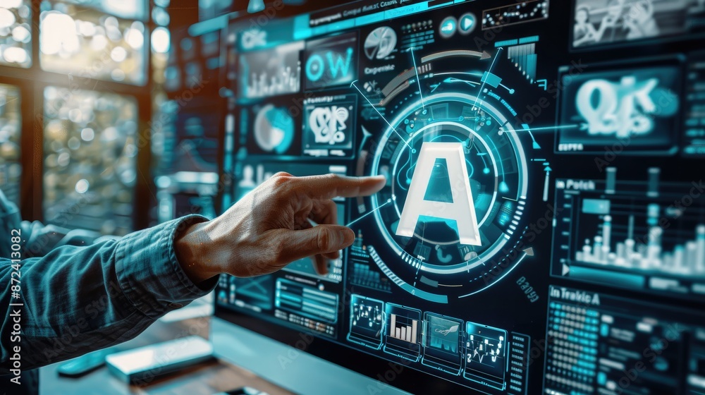 Poster a person is pointing at a screen with a blue circle and the letter a. concept of technology and inno