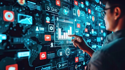 Obraz premium A man is pointing at a screen with a lot of graphs and icons. Concept of technology and data analysis