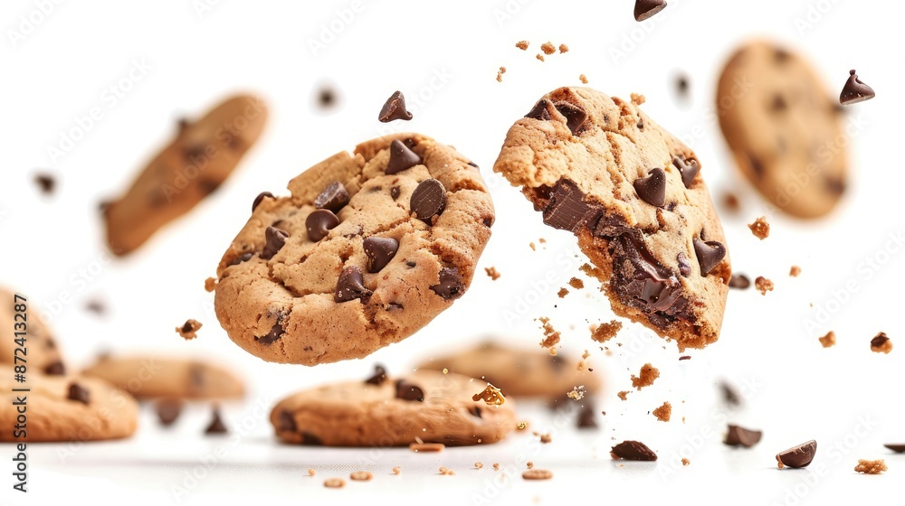 Poster a close up of a chocolate chip cookie with a bite taken out of it. the cookie is surrounded by other
