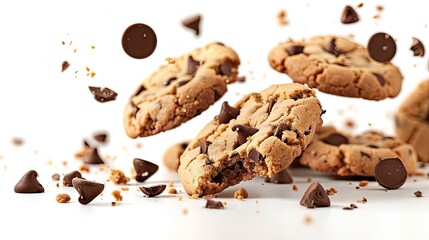 A close up of a plate of chocolate chip cookies with a few pieces missing. The cookies are scattered on the plate and some are in the air