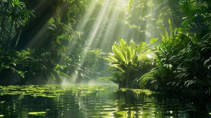 Dense foliage with sunlight filtering through, casting a magical glow on a jungle pond, rich greenery, serene reflections, detailed and tranquil