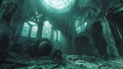 Desolate observatory with shattered telescope, engulfed in a mystical void, eerie and haunting, intricate details, otherworldly ambiance