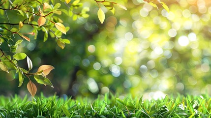 A tree with green leaves and a grassy area in the background. The leaves are yellow and brown, and the grass is green