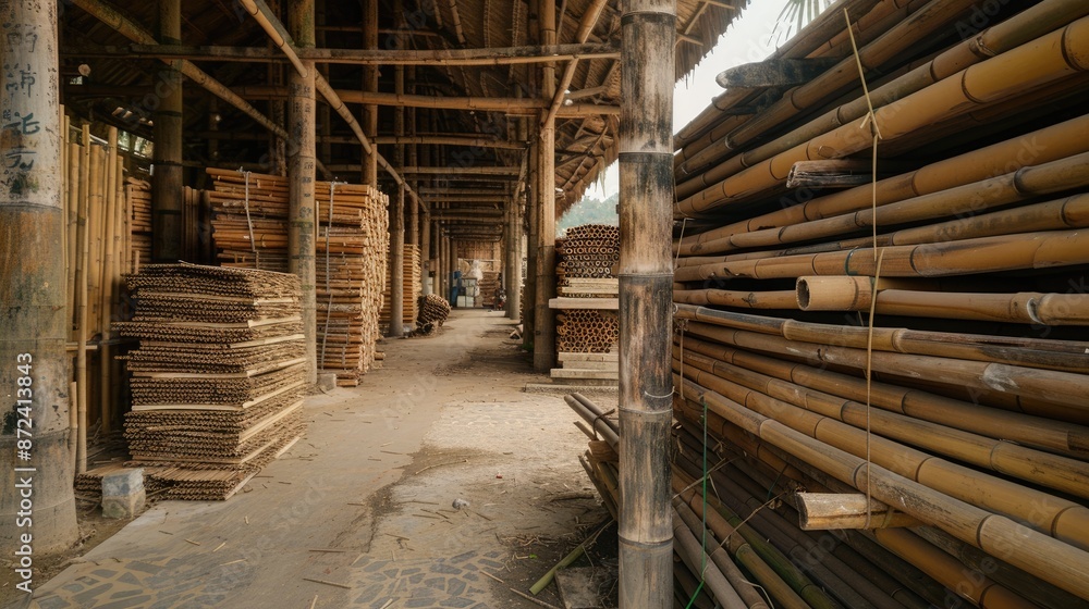 Poster a large pile of bamboo sticks is stacked in a warehouse. the bamboo is in various sizes and shapes, 