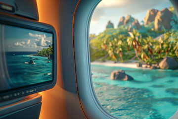 Fototapeta premium Closeup on a travel booking app with a tropical island destination, blurred background showcases a sleek airplane interior