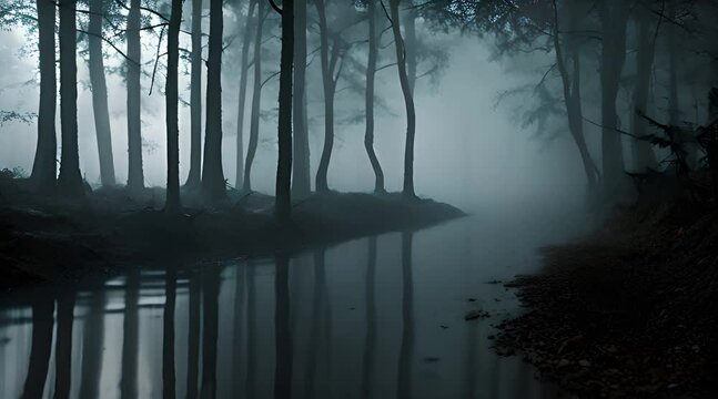 Scary dark forest at night foggy with heavy rain