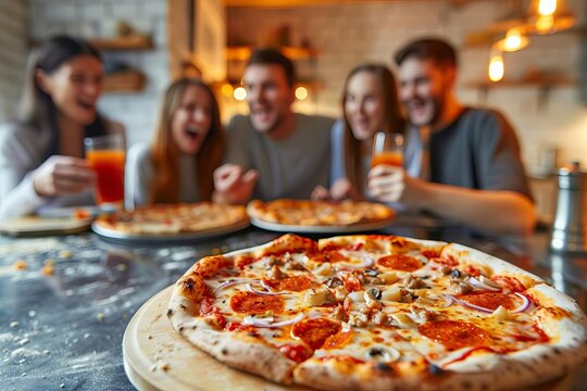 Smartphone displaying a food delivery app with a delicious pizza, blurred background shows a cozy living room with friends gathered around