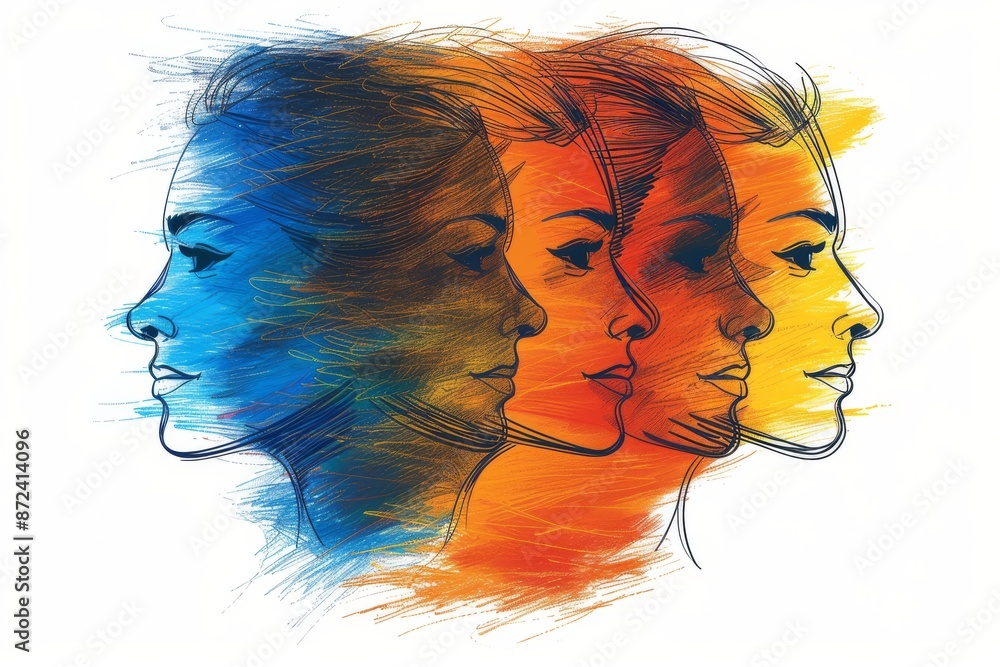 Poster abstract faces in a colorful dynamic composition representing diversity identity and human connectio